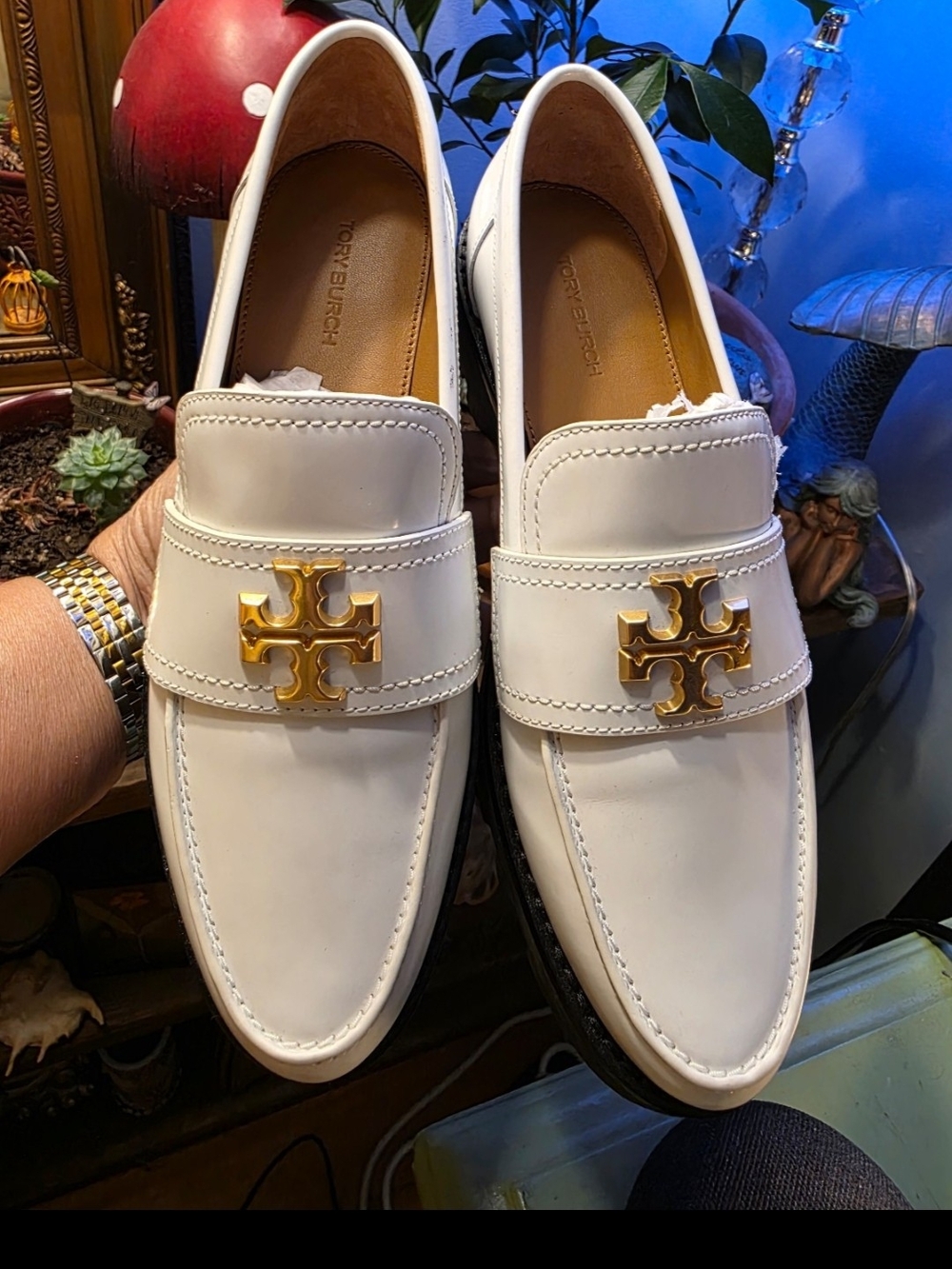 Tory Burch White Women's Leather Chunky Loafers with Gold Emblem 6